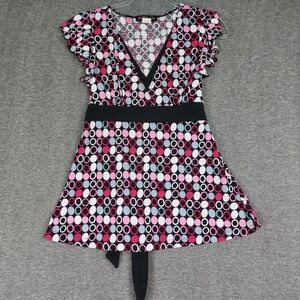 VOLUME ONE WOMENS Y2K PINK BLACK GEOMETRIC FLUTTER SLEEVE BABY DOLL TOP SIZE S/M